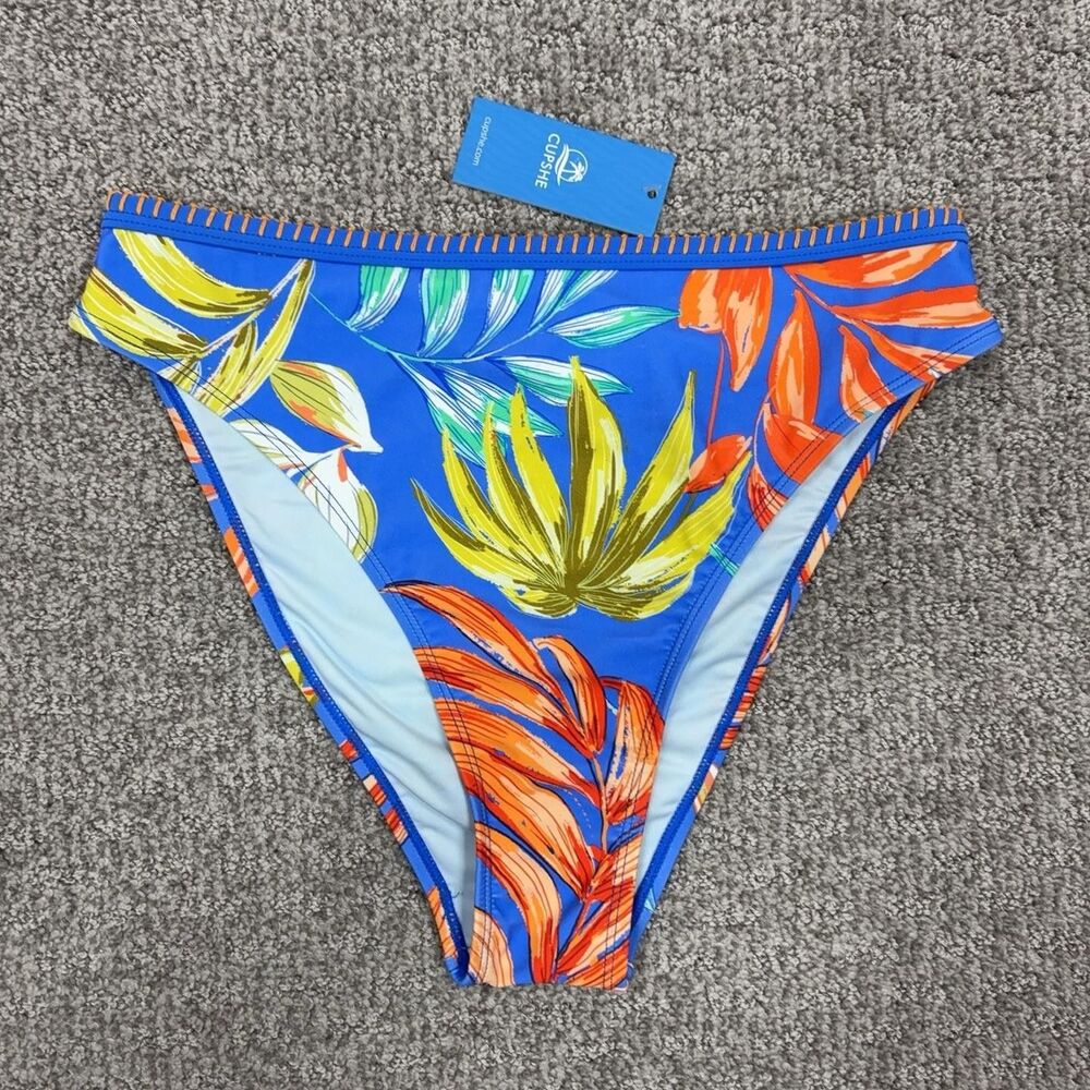 Cupshe Bikini Bottom Womens Medium Blue Tropical Floral High Cut Swim Beach New